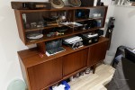 Queen bed, couch, side board cabinet (2)