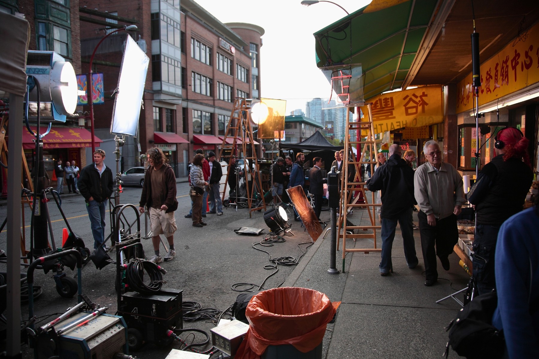 Film crew setting up for film on streets in downtown Chinatown in Vancouver