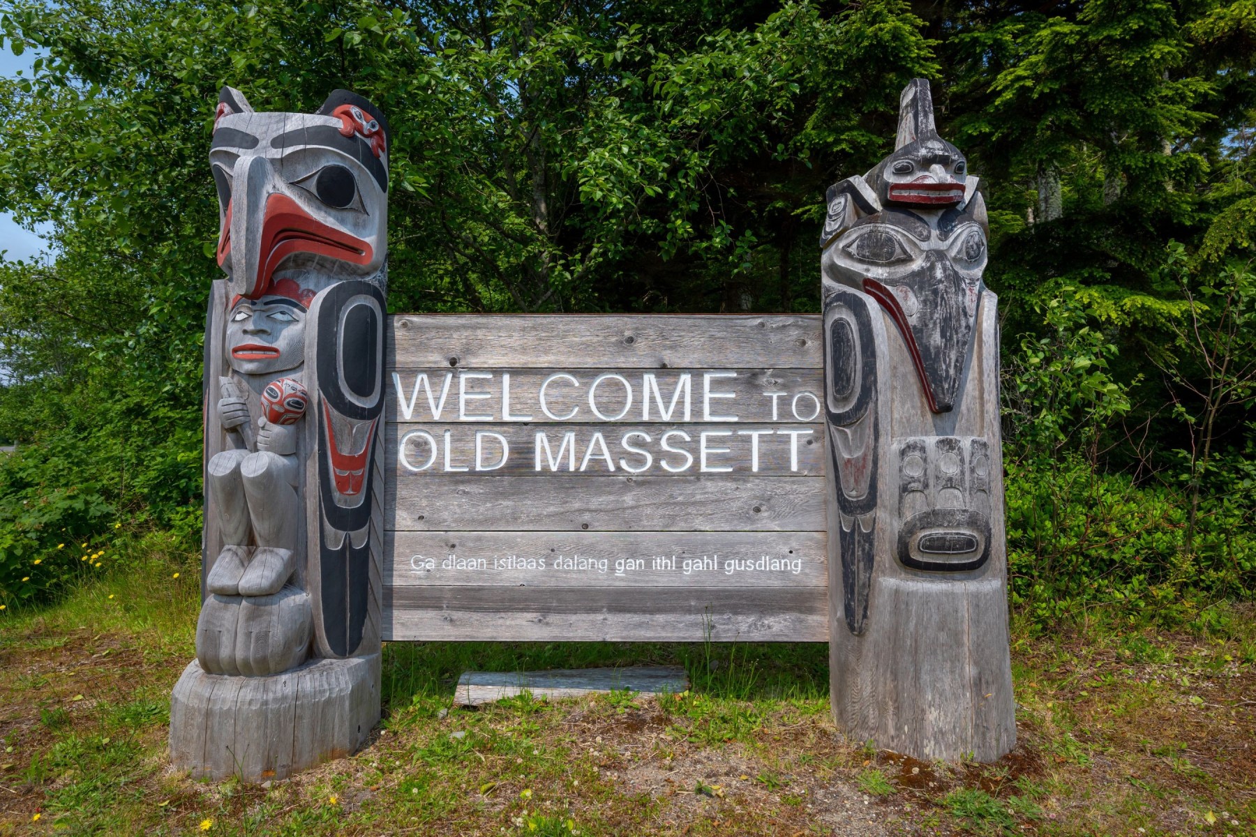 Welcome sign at Haida Gwaii, home to renowned Haida artists