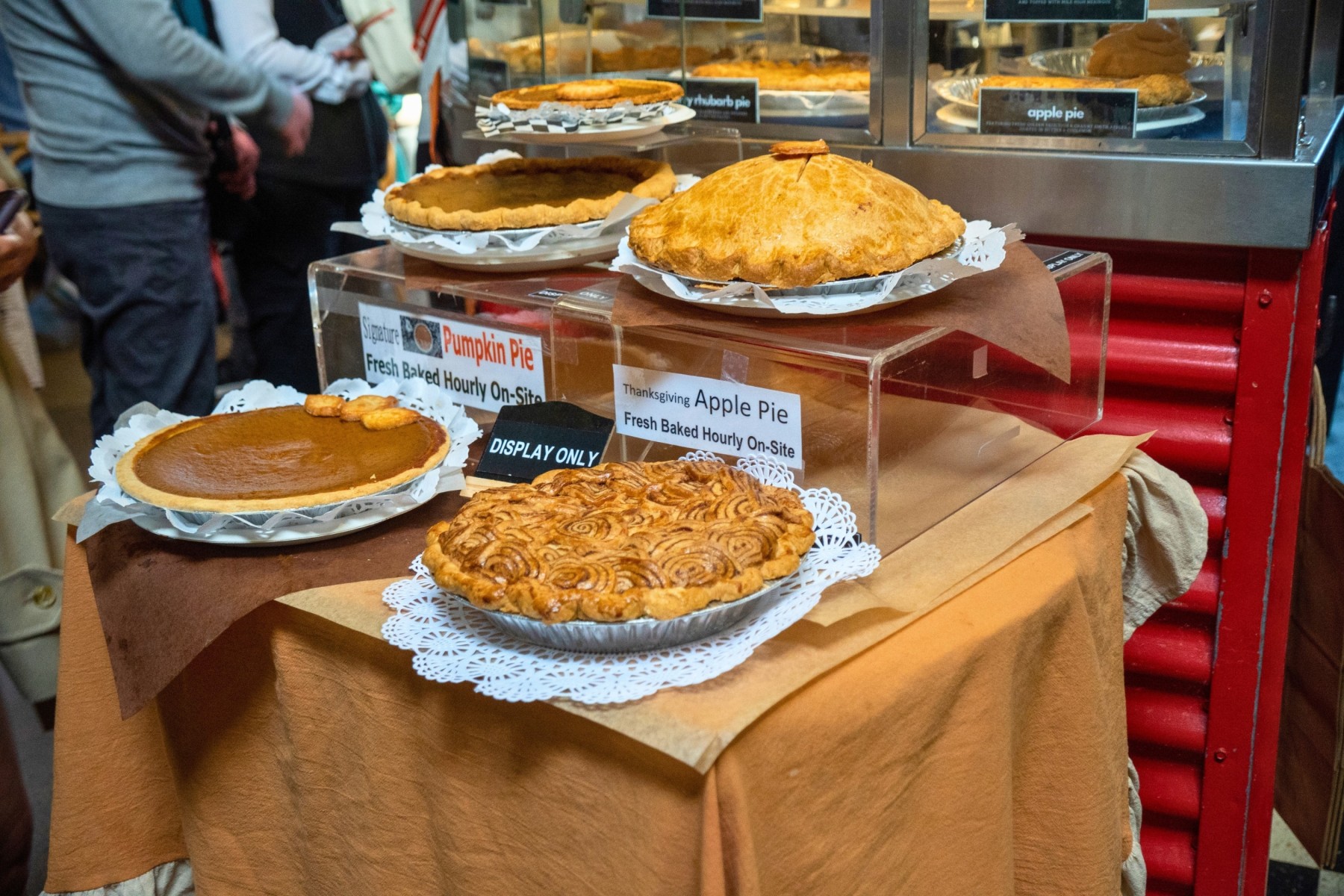 Thanksgiving food fair in Vancouver with pumpkin pies on display