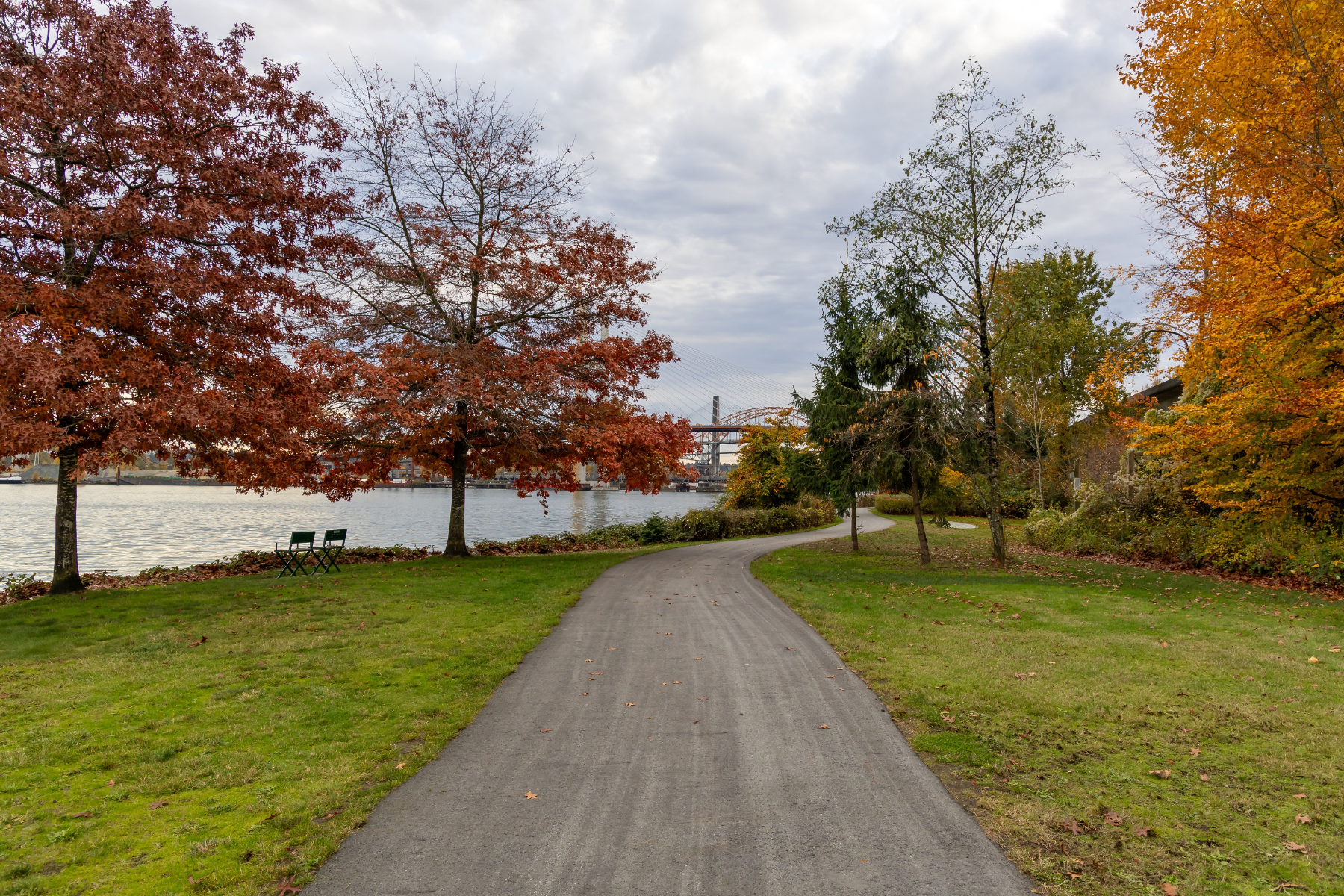 Autumn park scene along the river in New Westminster, Greater Vancouver