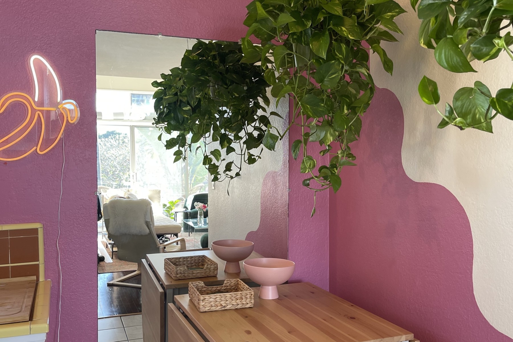 Student studio with bold colour accents, mixed patterns and vintage pieces inspired by dopamine decor